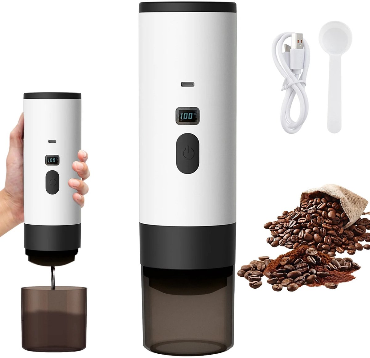 Zerova Draagbare Elektrische Capsule Koffiemachine 3-in-1 - Espresso Maker met 15 Bar Druk - Verwarming - USB-C Opladen - Wit
