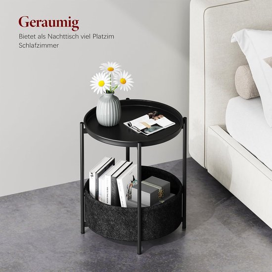 Bijzettafel, rond, salontafel, 2 niveaus, metalen balkontafel, kleine tafel, salontafel met mand van stof, woonkamertafel, bijzettafels, nachtkastje voor slaapkamer, woonkamer (zwart) — afbeelding 2