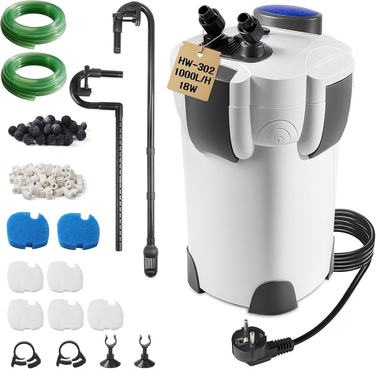 Extern Aquariumfilter 1000 l/h 18 W Instelbare Aquariumpomp met Filtratiemateriaal, Stille Vijverfilter met 3 Filtratiefasen voor Reservoir tot 300 L HW-302