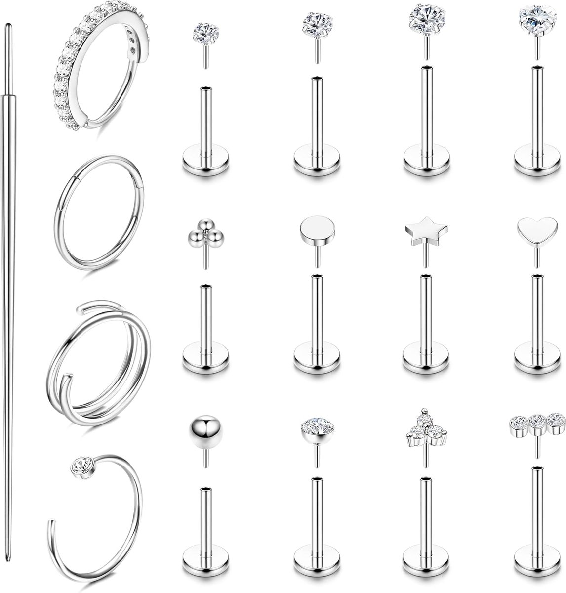 16 stuks neusringen, hypoallergeen, chirurgisch staal, oorbellen met platte achterkant, zilver/goud, medusa helix, piercing, sieraden, 20 g/18 g