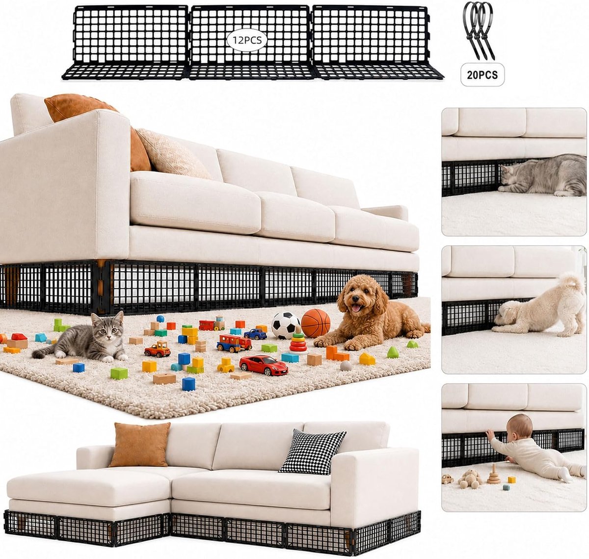 Huisdierbeschermer voor onder de bank, blokkeerset, 12 stuks, zwarte kunststof meubelbarrières met 30 banden, verstelbaar huisdierbeschermingssysteem voor honden en katten (12 stuks)