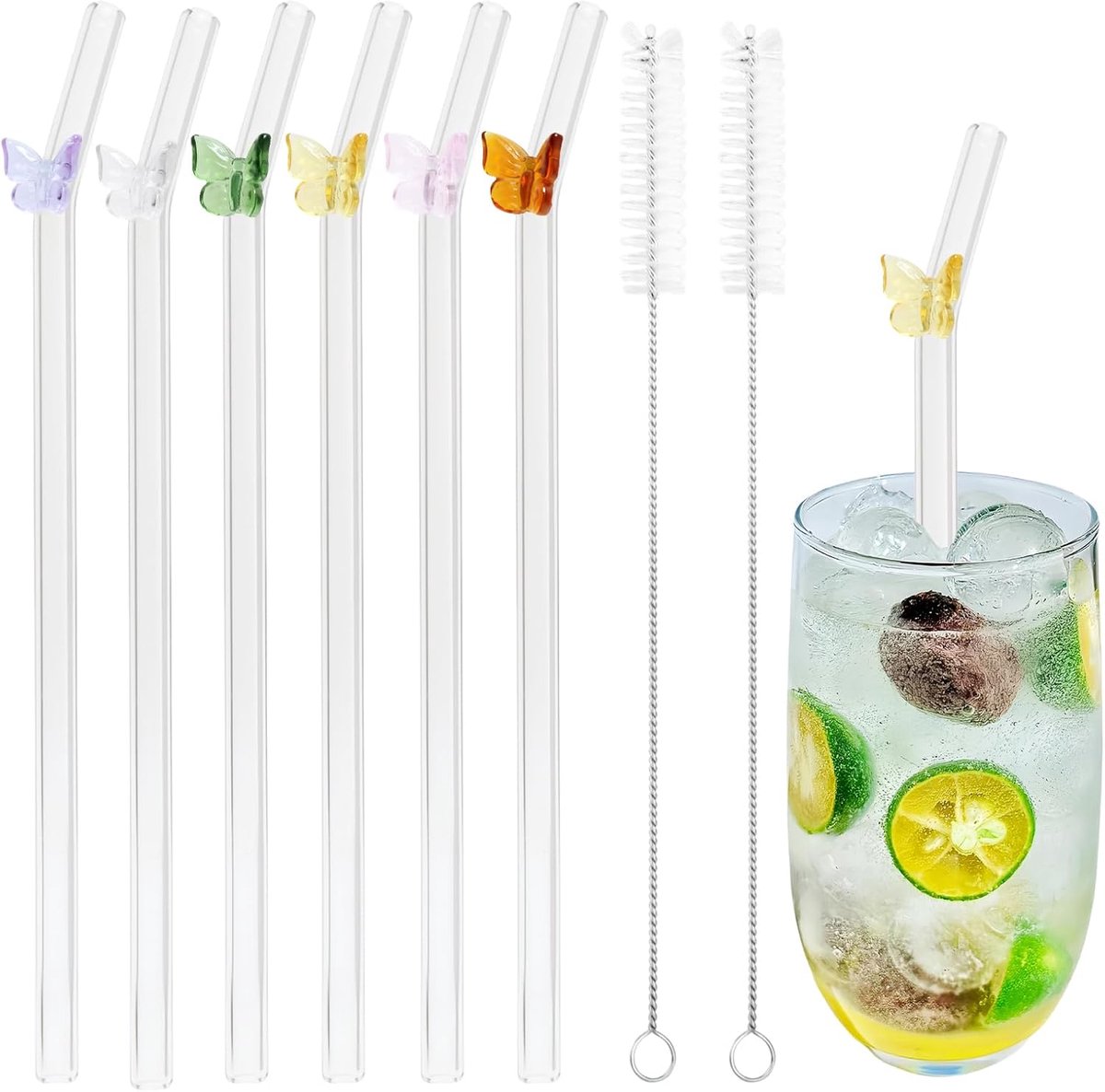 set glazen rietjes – 6 stuks gebogen lange rietjes van borosilicaatglas met vlinderdesign, herbruikbaar & vaatwasserbestendig, incl. reinigingsborstels