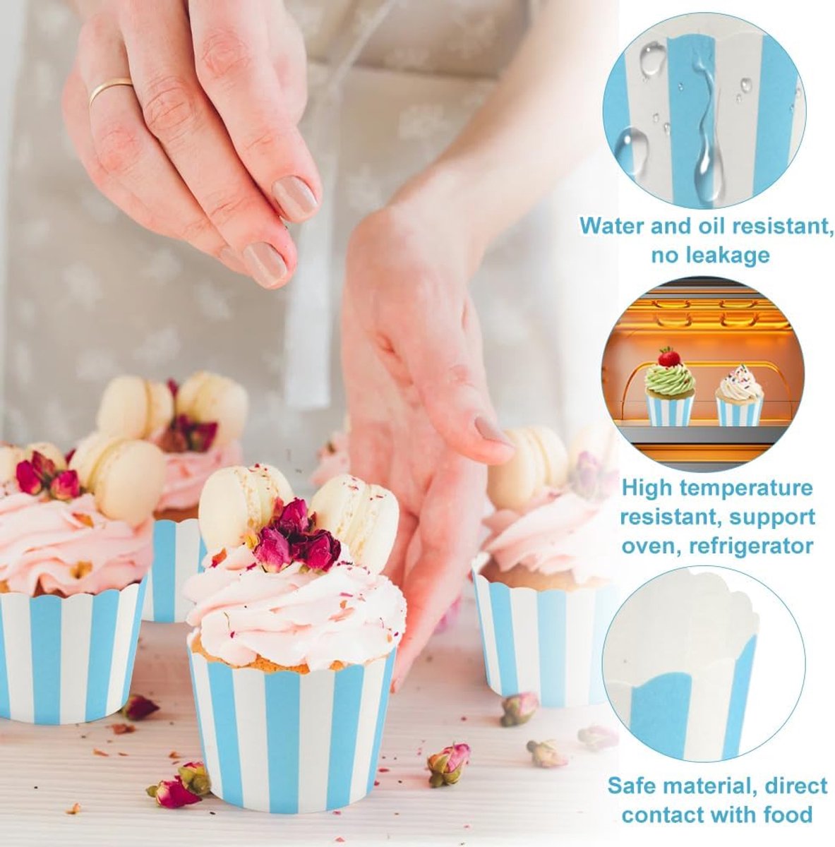 50 Stuks Blauw Strepen Muffinvormpjes, 5x6x4,7 cm Muffin Vormpjes Papier | Mini-Wegwerptaartbekers, Muffin Papieren Vormen, Muffin Bakvormen van Stevig Papier voor Halloween, Verjaardagen, Bruiloften