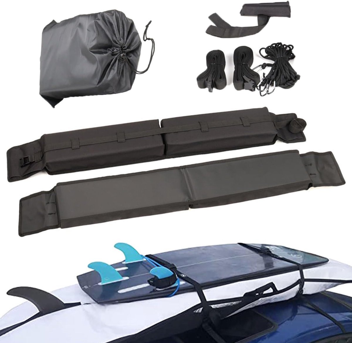 dakbagagedrager voor auto's, zacht dakdragerkussen, zacht voor surfplank, surfplank, snowboard, sup, kajak, kano, met 4 sjorbanden, 2 kaplussen (gebruik zonder dwarsstang)