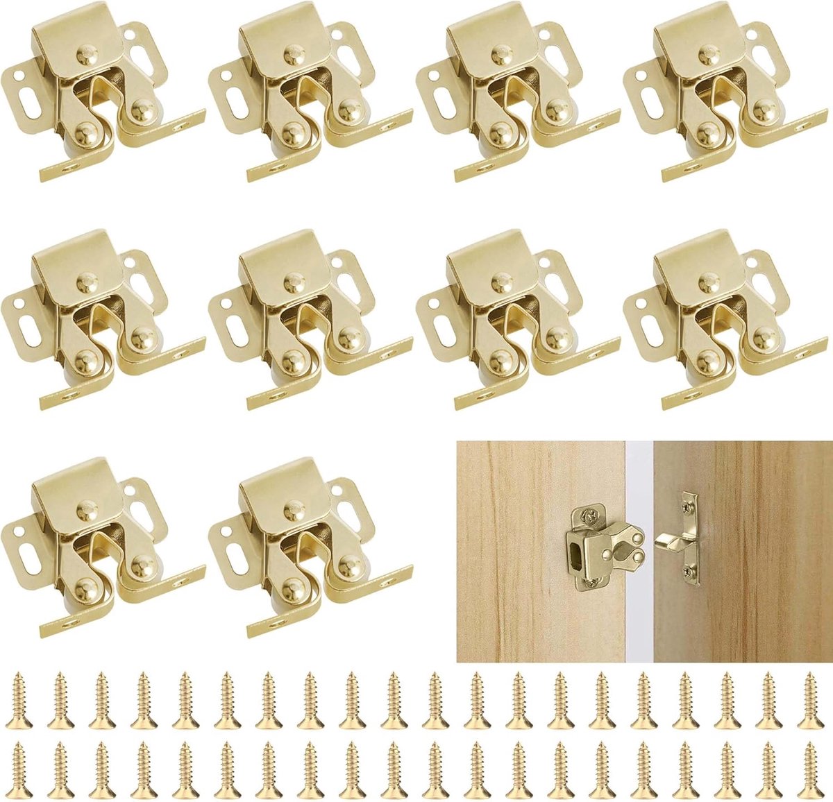 Rolsnapper Kast Deur Dubbele Bal Roller Catch Latch 10 Stuks Cabinet Roller Catch met 40 Schroeven Rolvangers Twin Roller Catch voor Kasten, Meubels（Goud）