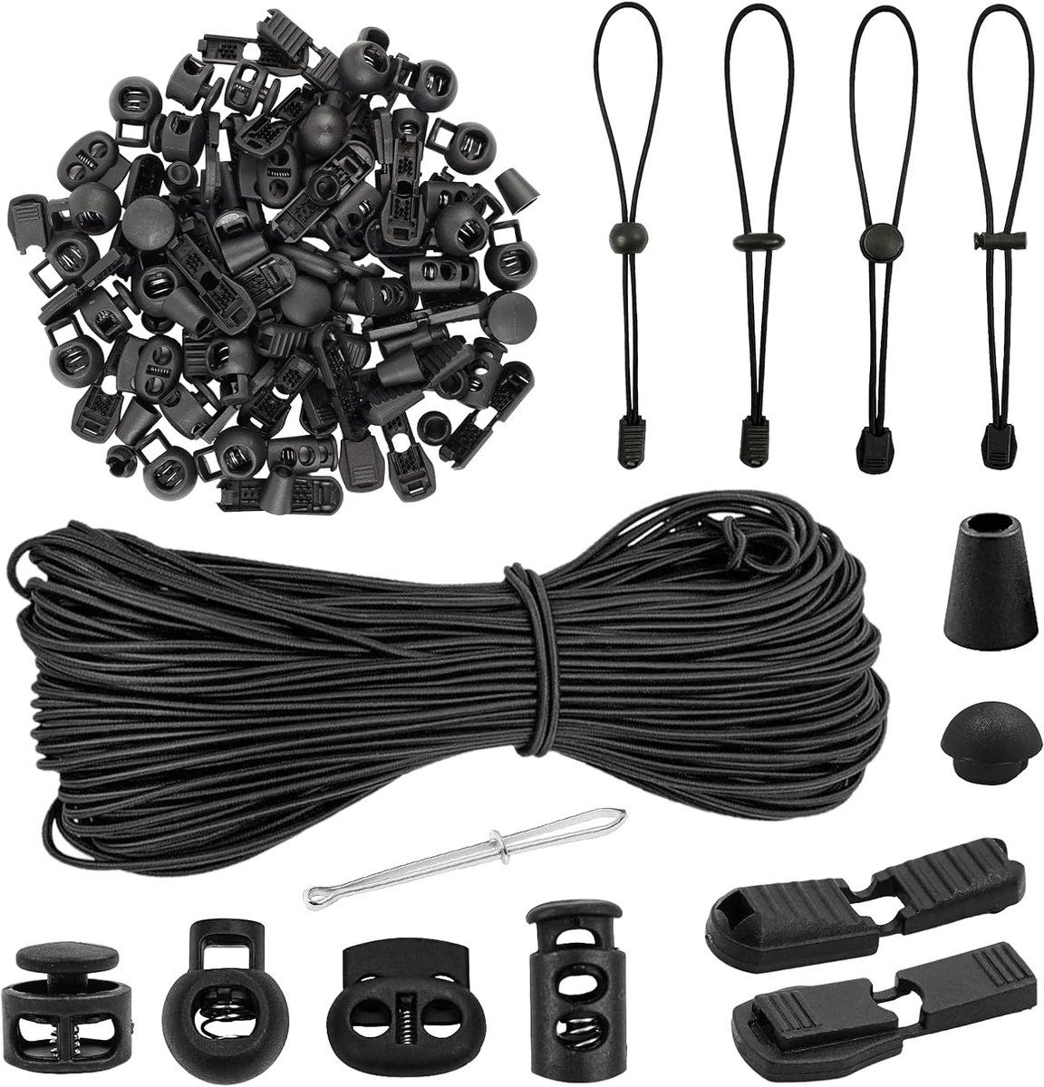 Elastisch rubberen koord, 3 mm, rond koord met 20 koordstoppers, 50 koordklemmen, 30 koordstoppers, 2 gaten, zwart, rubberen koord, expandertouw voor trekkoord, rugzak, waslijn, tenten