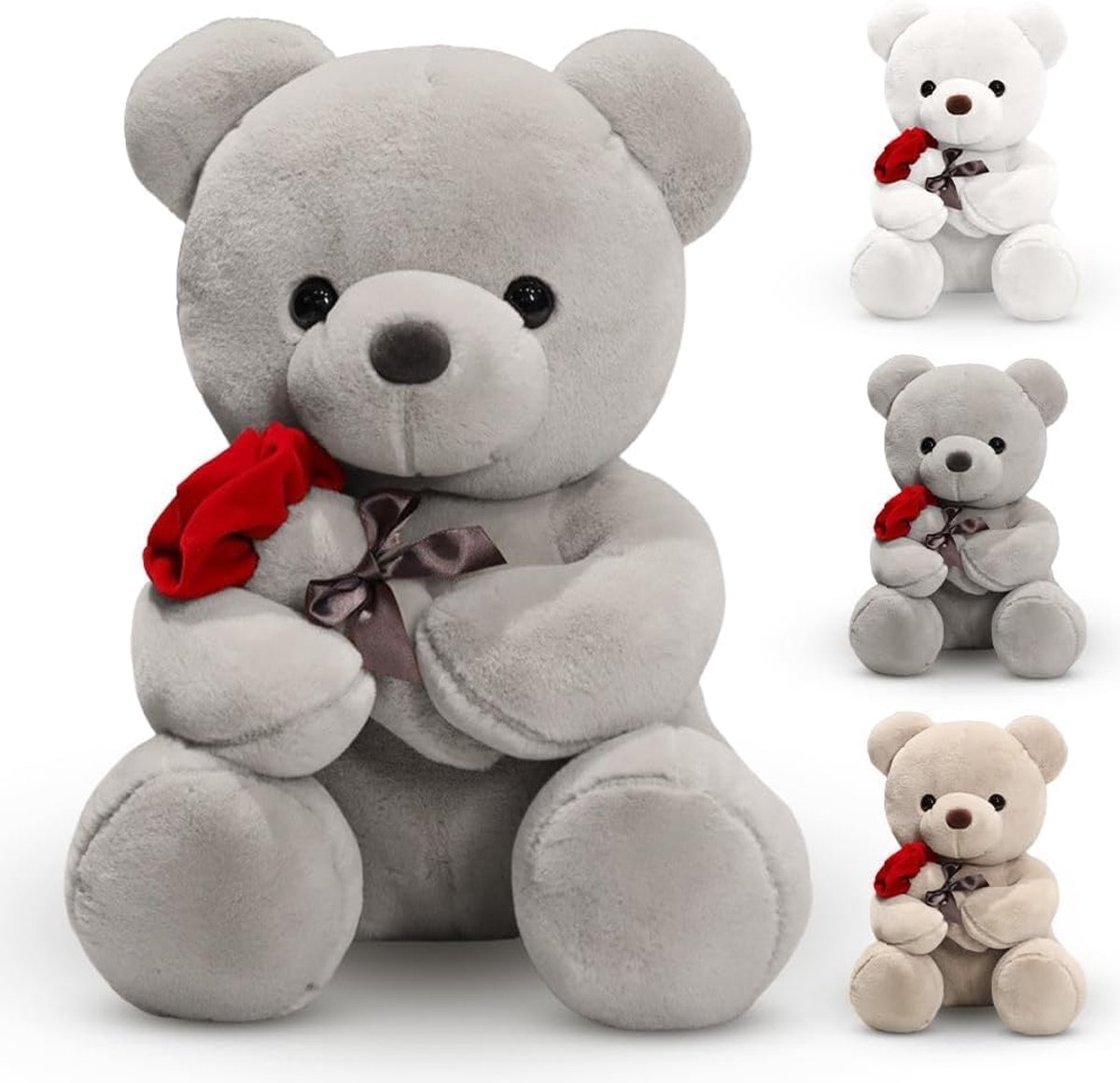 Teddybeer met roos, 23 cm, decoratief kussen, cadeau voor kinderen, meisjes, verjaardag, Valentijnsdag (grijs)