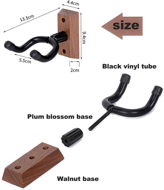 Gitaarhouder van zwart walnoot massief hout, set van 2 wandhouders met U-vormige haken en schroeven, voor akoestiek, elektrische gitaar, bas, banjo, mandoline, stabiele gitaaraccessoires, wandhouder — afbeelding 5