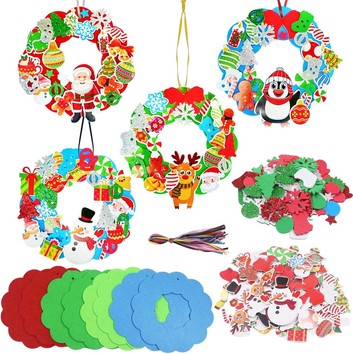 knutselset, 8 stuks, kerstkrans, vilt, set met stickers en lint, kerstboomhanger, krans voor doe-het-zelf kerstdecoratie, winterdecoratie