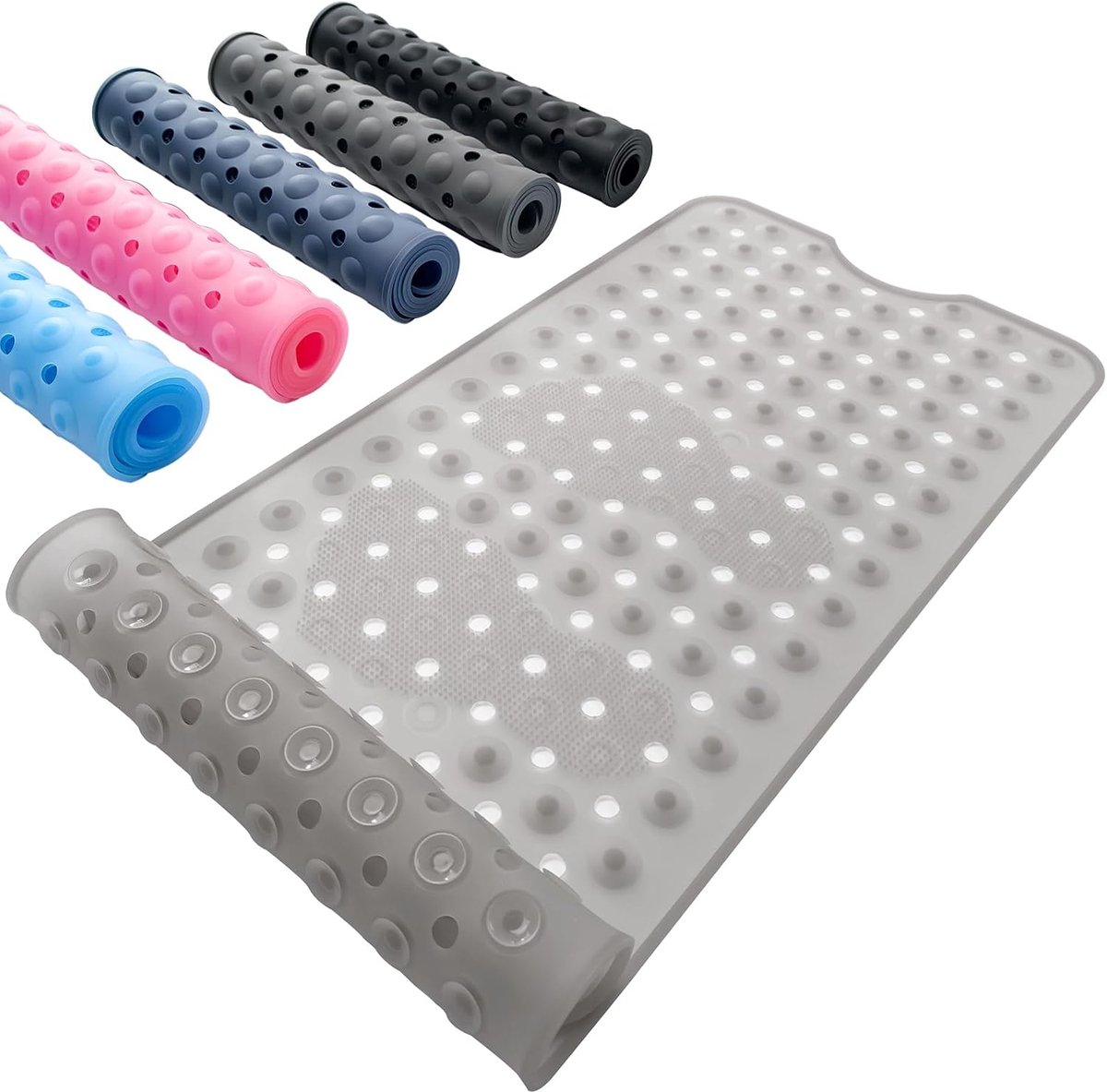 Antislip Douchemat, 90 x 40 cm Douchemat met Grote Afvoeropeningen & Zuignappen, Machinewasbare Badmat, Badkuipmatten Slijtvaste Badkamerbenodigdheden, Transparant Grijs