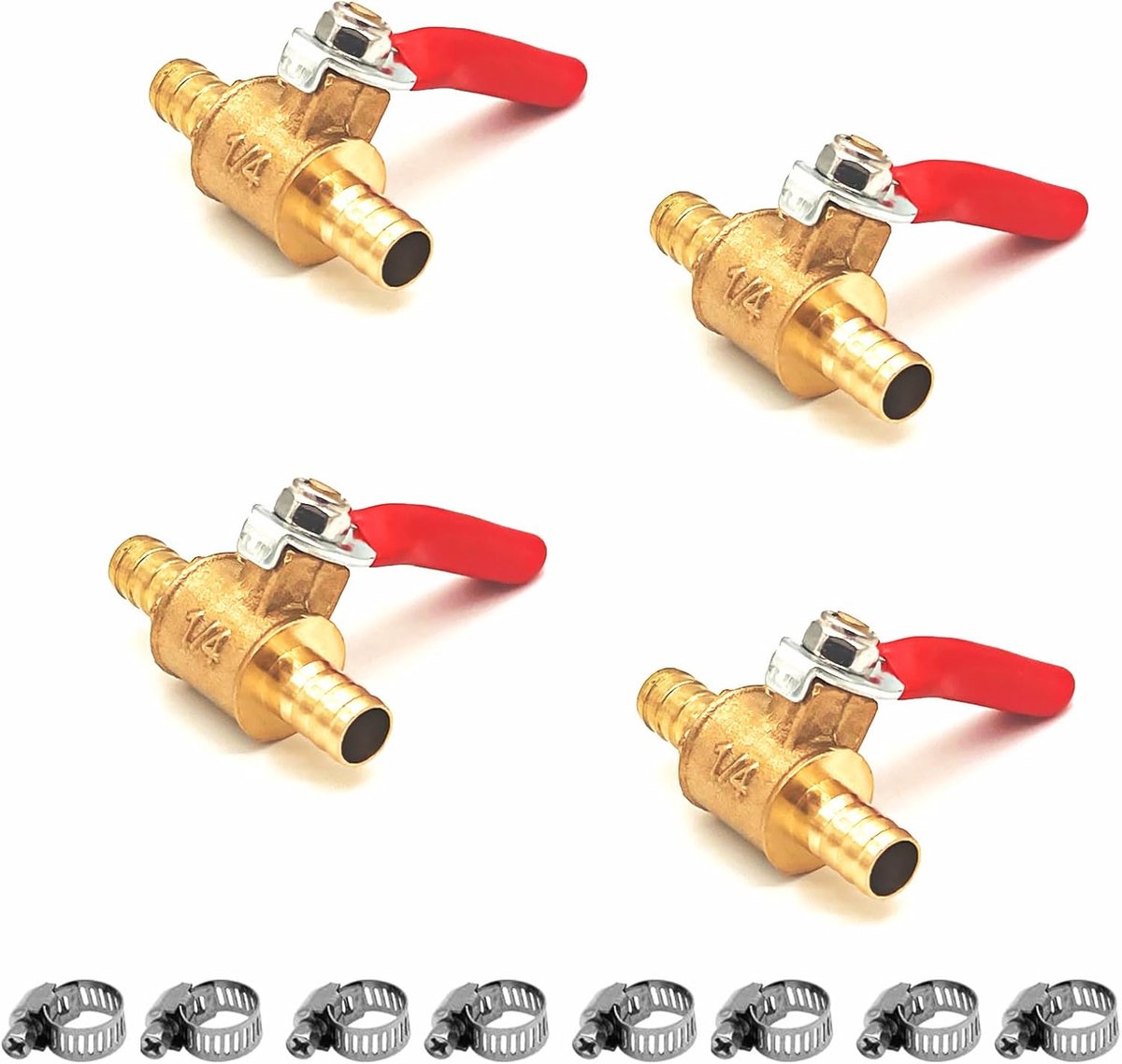 4 Stuks 8mm 2 Way Straight Barb Afgesloten Kogelkraan, kogelkraan, kogelventiel van messing met weerhaak, afsluitventiel met 8 klemmen voor luchtgas, brandstofleiding, afsluiting (8MM)