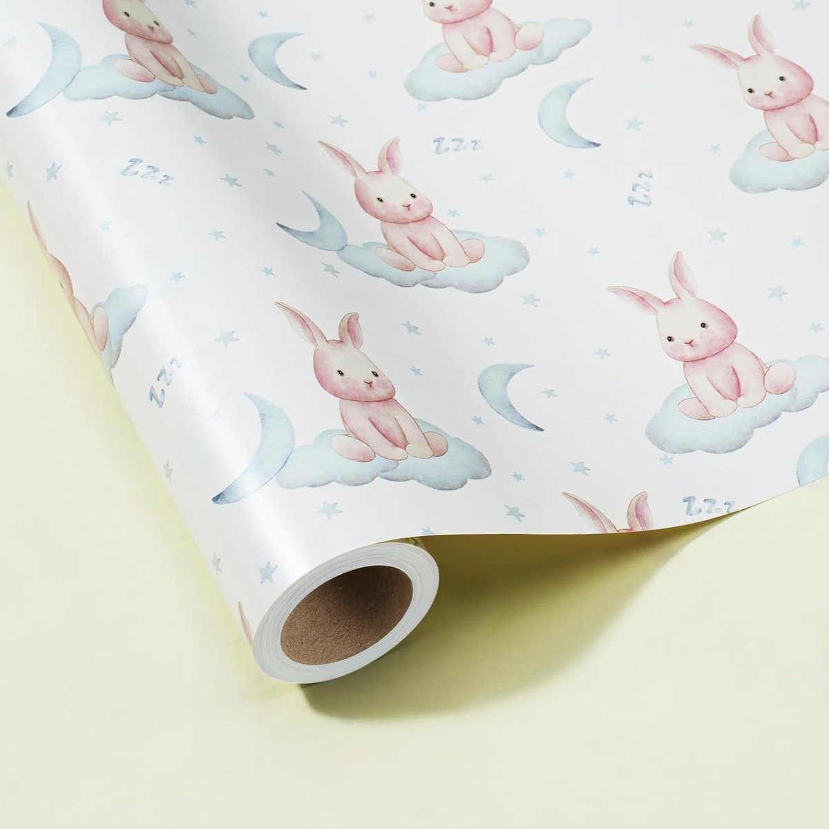 Cadeaupapier voor kinderen, haas, maan en wolken, 43 cm x 10 m | Neutraal pasteldesign voor de kinderkamer, voor jongens, meisjes, babyshower en geboorte