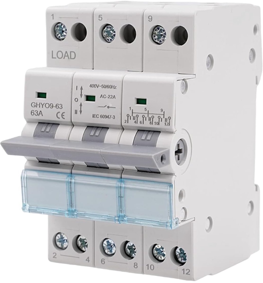 Omschakelaar 3P 63A Lastscheider Dual Power Manual Transfer Isolating Switch AC 400V Handmatige omschakelaar met dubbel vermogen en vermogensindicator, montage op DIN-rail.