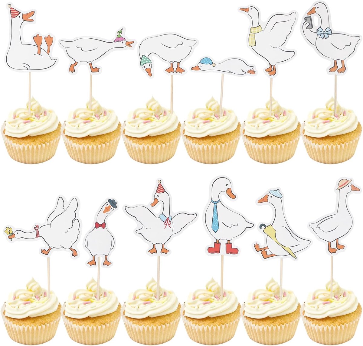 24 Stuks Gekke Gans Cupcake Toppers, Schattige Witte Gans Verjaardagstaart Decoraties voor Kinderen Verjaardagsfeest Benodigdheden Babyshower Dierenthema Taartdecoraties