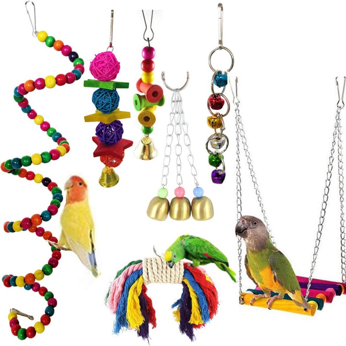 Speelgoed, camiter, 7-delig, kauwspeelgoed, speelgoed om op te hangen met bel, schommels, ladders, dierendecoratie, kooien voor vogels