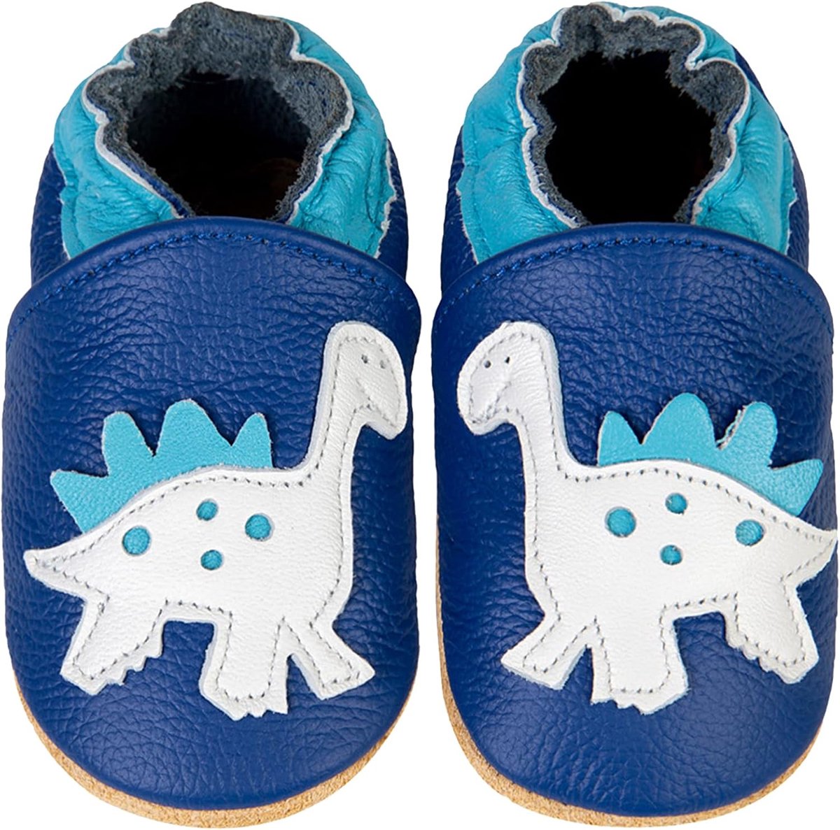 Eerste Babyschoentjes Jongens Meisjes Zacht Leer Zooltjes Babyslofjes(Blauwe Dinosaurus, 12-18 maanden)