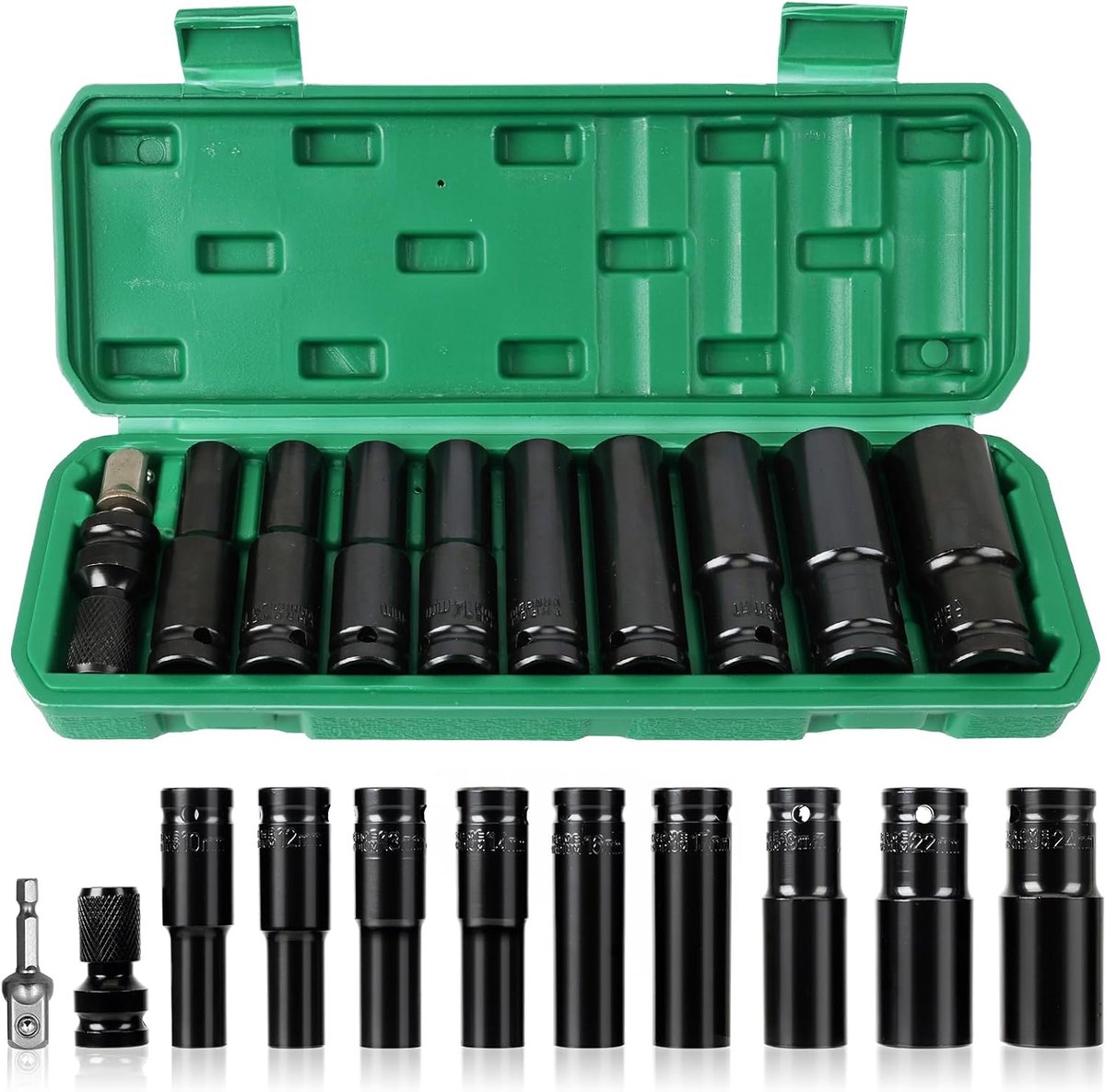 11 stuks dopsleutelset 1/2, 10-24 mm zeskantige dopsleutels voor schroevendraaier met dopsleuteladapters, professionele slagmoersleutelset voor voertuigreparatie, mechanische reparaties