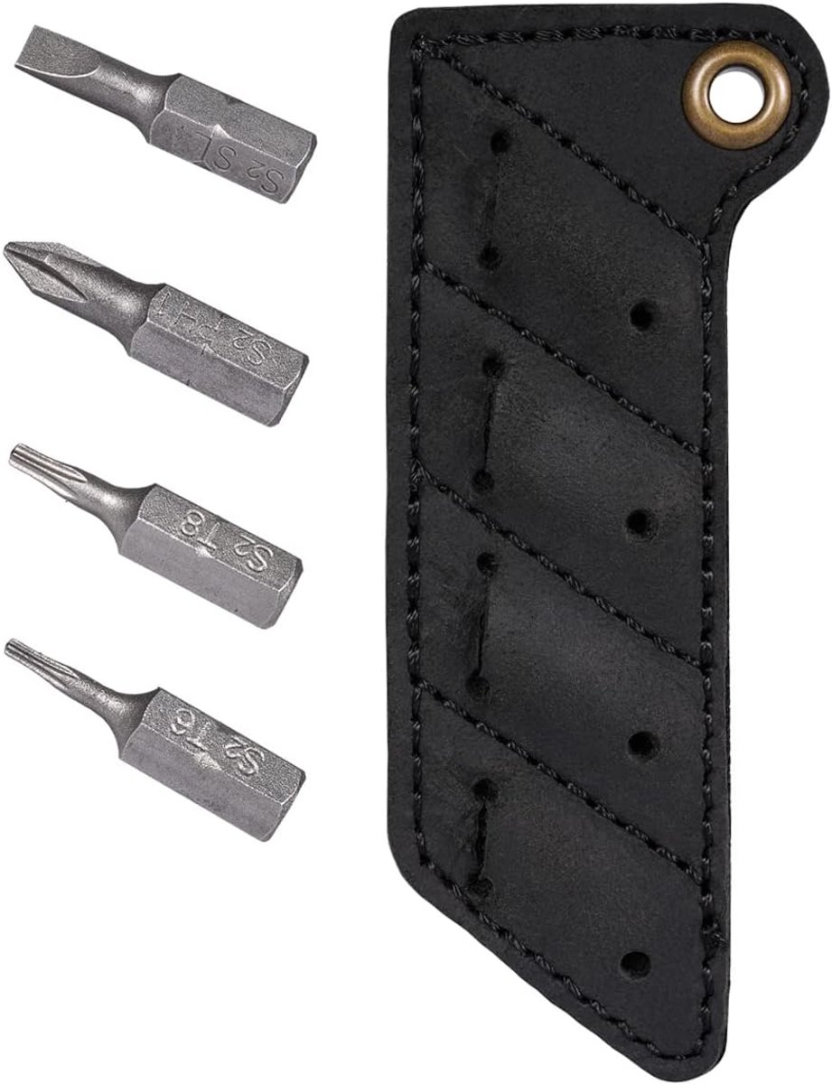 KA06 Schroefbit-organizer voor leren mantel, zak met bithouder voor schroevendraaier, handgenaaide bitset met 4 magnetische bits (zwart)