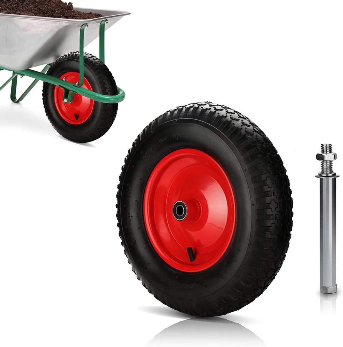 Kruiwagenwiel met luchtbanden, 4,80/4,00-8, Ø 390 mm, PU-rubberen wiel met as, 200 kg draagvermogen, reservewiel, bandbreedte 95 mm, voor kruiwagen, tuinwagen, zwart/rood