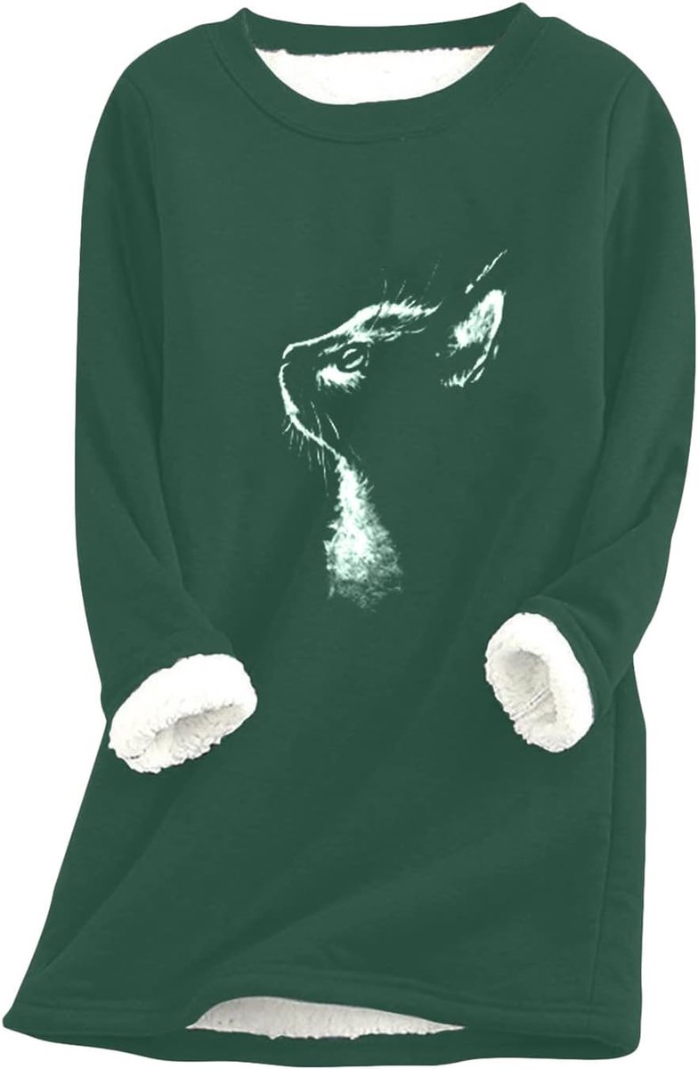 Pluche damestrui, warm, meerkleurig, voor in de winter, lange mouwen, trui met pussycat-patroon