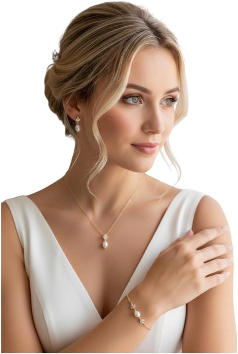 3-delige Parel Sieradenset met AAA+ Zirkonia – Ketting, Armband & Oorbellen – Bruidssieraden voor Bruiloft, Communie, Gala, Bal