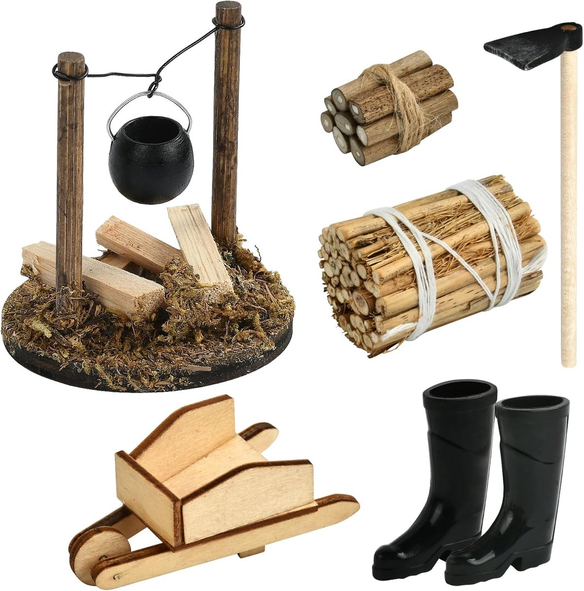 Mini-accessoires van hout, kampvuur en miniatuur poppenhuisaccessoires