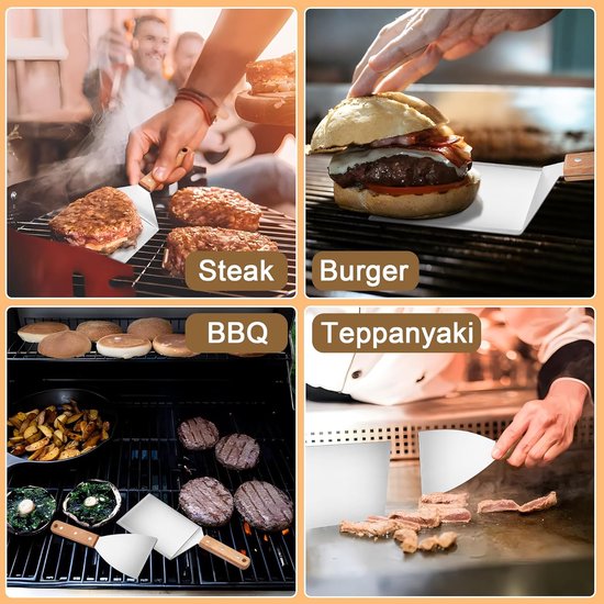 2 stuks grote roestvrijstalen grillspatel set - houten handvat - Plancha spatel en grillspatel voor smash burger, teppanyaki, BBQ-accessoires, grillgeschenken voor mannen — afbeelding 5