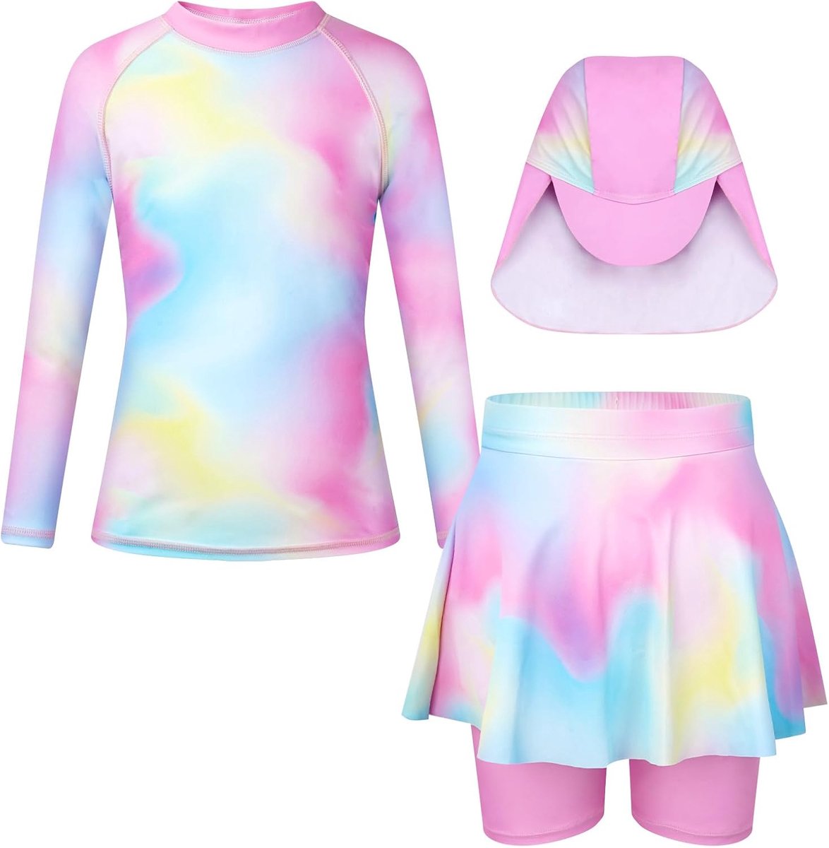 Badpak meisjes 3 stuks UV-bescherming kleding kinderen lange mouwen badmode set Rash Guard met ruches trim zwembroek voor meisjes 4-9 jaar