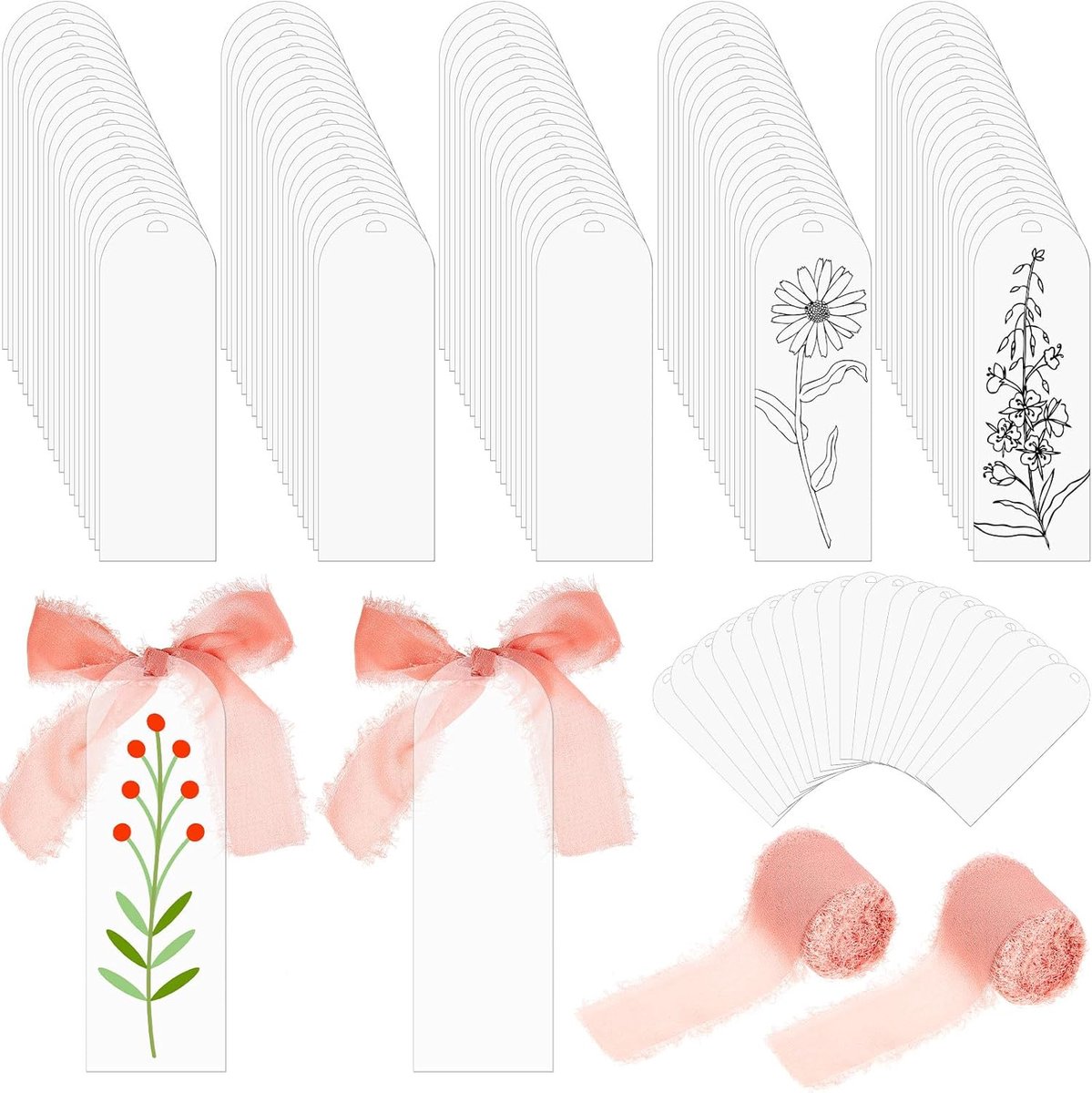 100 stuks blanco acryl bladwijzers transparant met 2 rollen lint om te knutselen, transparante bladwijzers voor leesliefhebbers voor schoolgeschenken (15 x 5 cm)