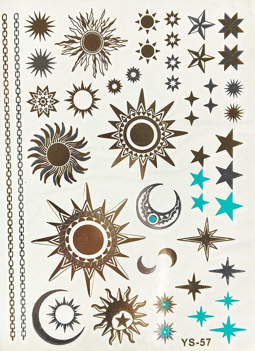 Goud En Zilver Metallic Tatoeages Zon Tattoo Ster Tattoo Flash Tattoos Fake Tattoos No. 290