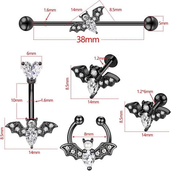 14G 16G vleermuispiercing set Halloween lichaamssieraad hoefijzer neusring hoefijzer neusring hoepels labret lippiercing tragus oorbel navelring industriële barbell, Roestvrij staal Zirkonia — afbeelding 5