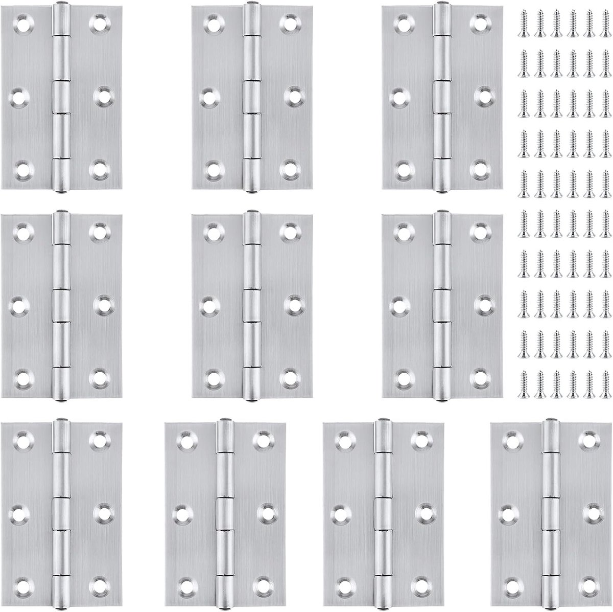 Scharnieren, roestvrij staal, voor buiten, deurscharnier, roestvrij staal, inklapbaar, met 60 schroeven, voor kasten, ramen, deuren, 10 stuks, 75 mm, zilver