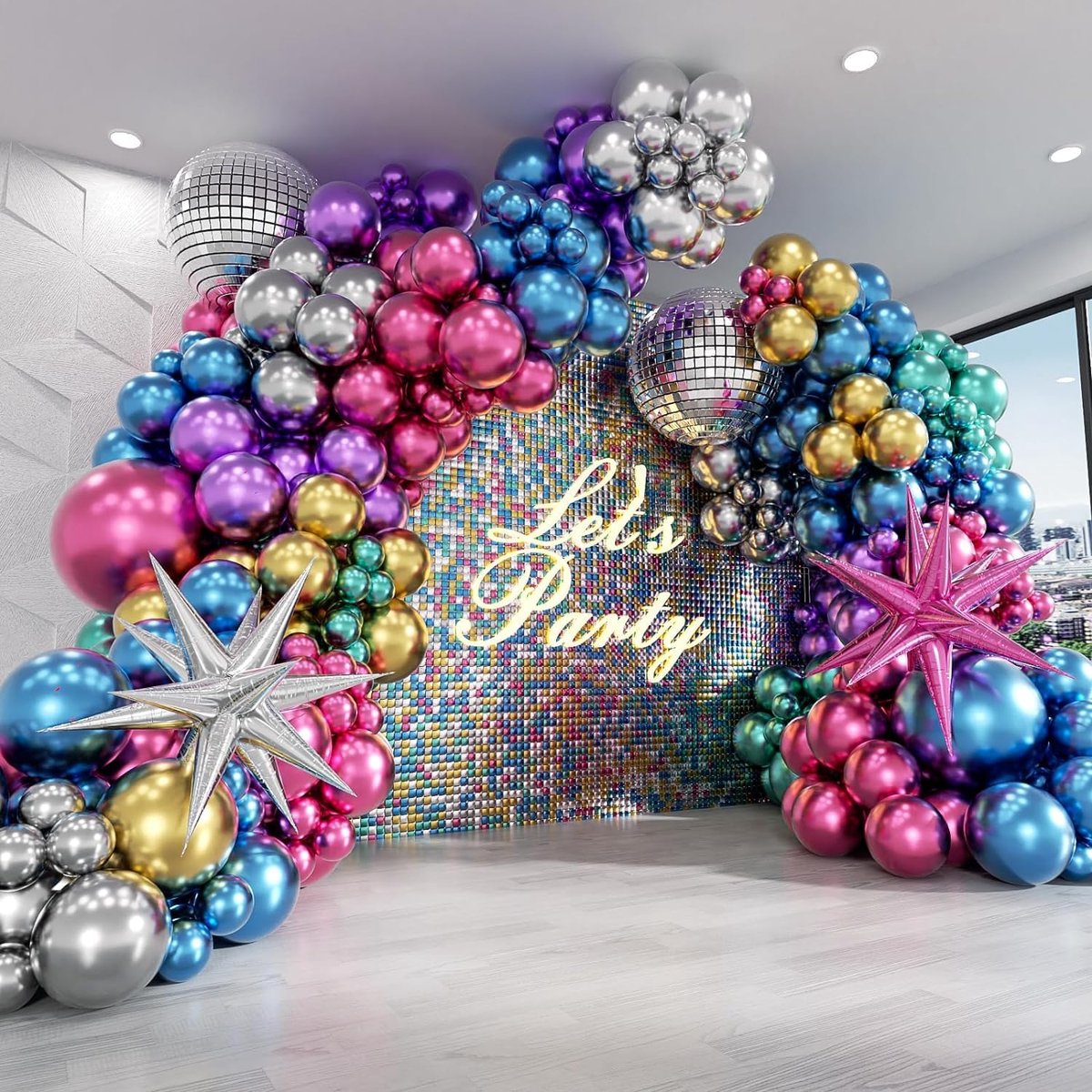 Ballonnen metallic kleurrijke 135 stuks kleurrijke ballonnen slinger groen blauw roze zilver goud paars met discobal ballon explosie ster ballon voor verjaardagsdek, feestdecoratie, disco thema feest