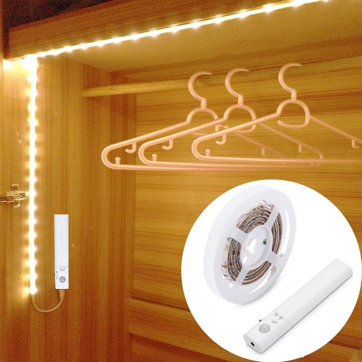 Garderobelicht, 1,5 m LED-stripverlichting, nachtverlichting, 3000K warm wit, PIR automatisch aan/uit, werkt op batterijen voor nachtkastje, kast, keuken, trap, binnen onder