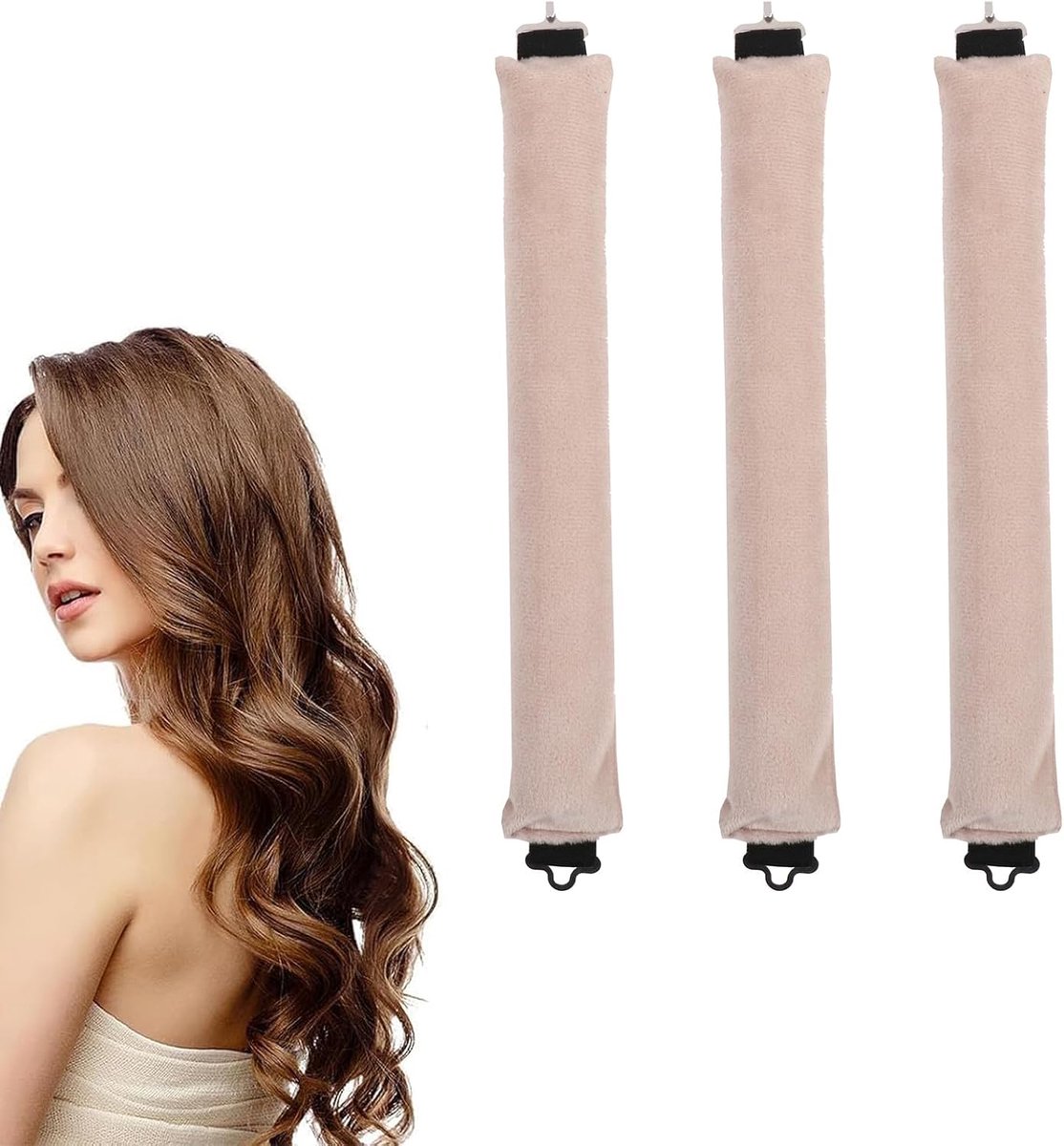 Krulspelden zonder hitte, krulspelden voor lang haar zonder hitte met haken, doe-het-zelf krulspelden voor zachte golven, middellang haarstyling-gereedschap (beige)