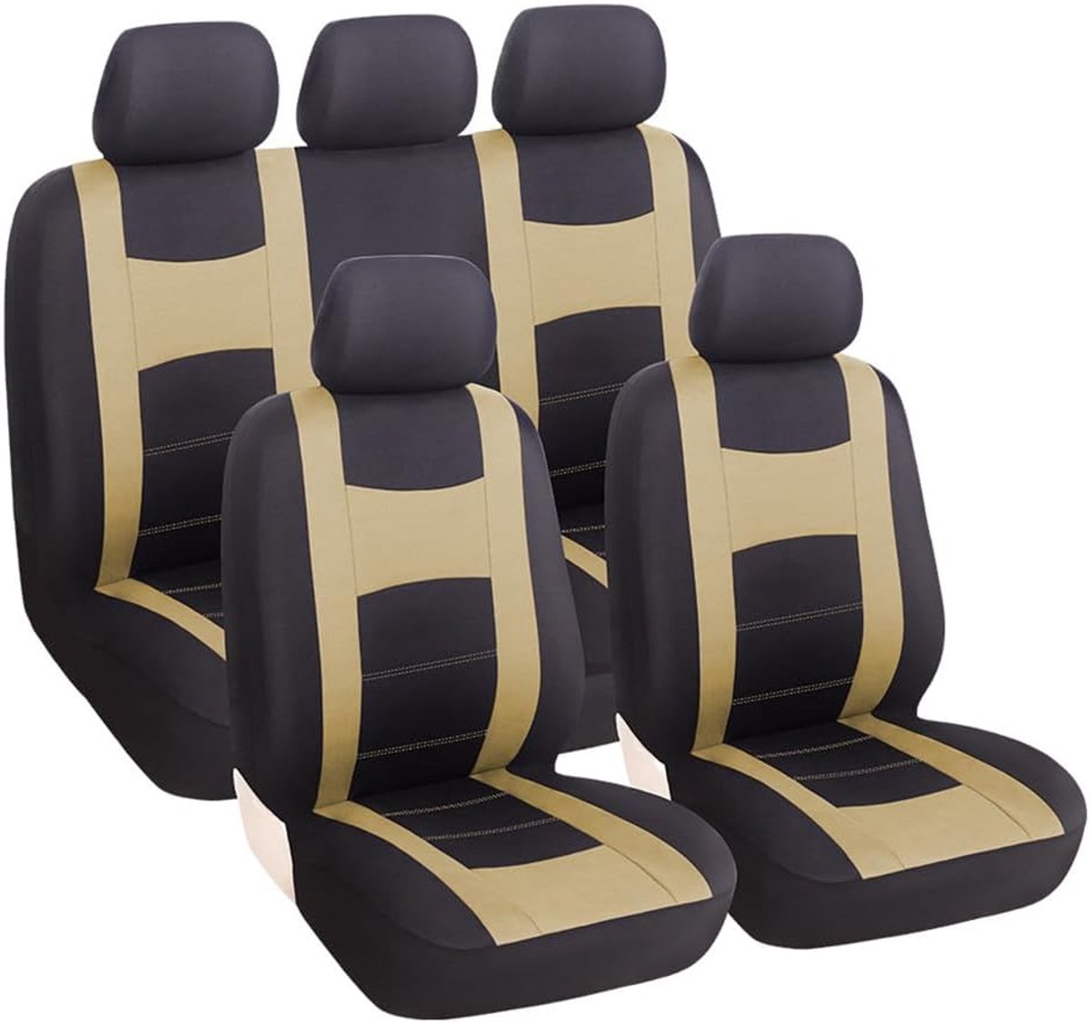 Set van 9 autostoelhoezen, complete set, klassieke autostoelhoezen, stoelbeschermer, autobeschermhoes, autostoel, stoelhoezensets, autostoelhoezenset voor 5 zitplaatsen (Beige)