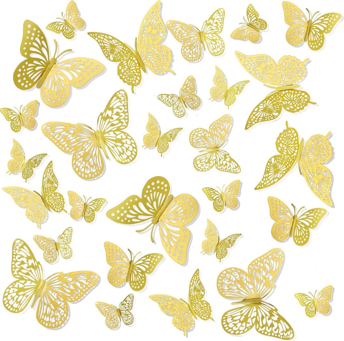 72 Stuks Goud, Vlinders, 3D Wanddecoratie, Muurstickers, Vlinders, Decoratie, Kunststof, Metaal, Hout, Art Deco, Kinderen