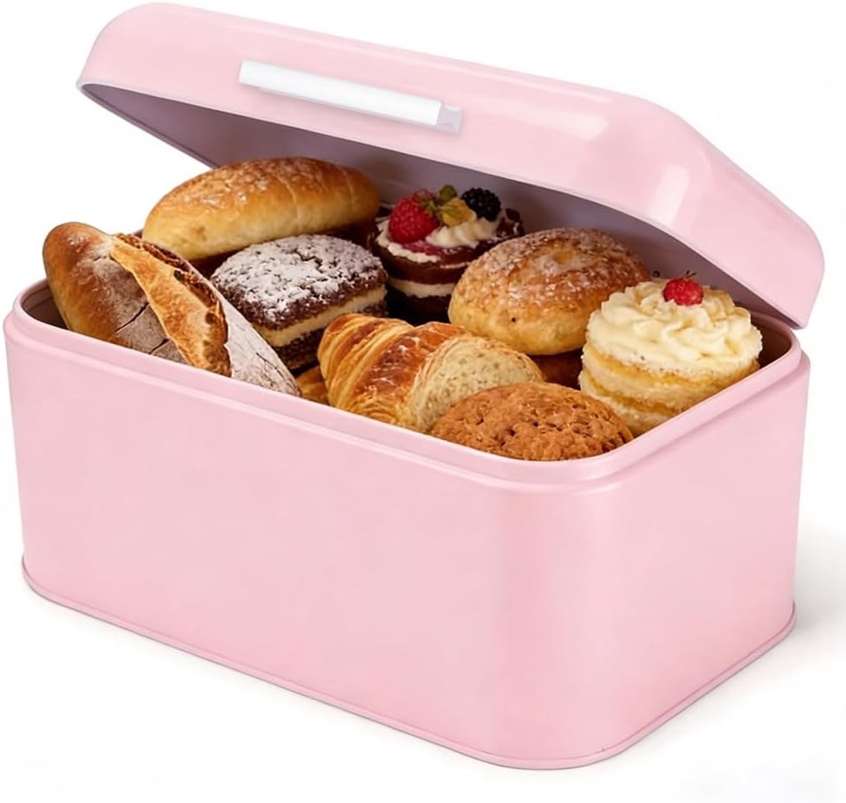 Broodtrommel van metaal, roze broodtrommel van smeedijzer, opbergdoos met deksel, retrostijl, grote voedselcontainer