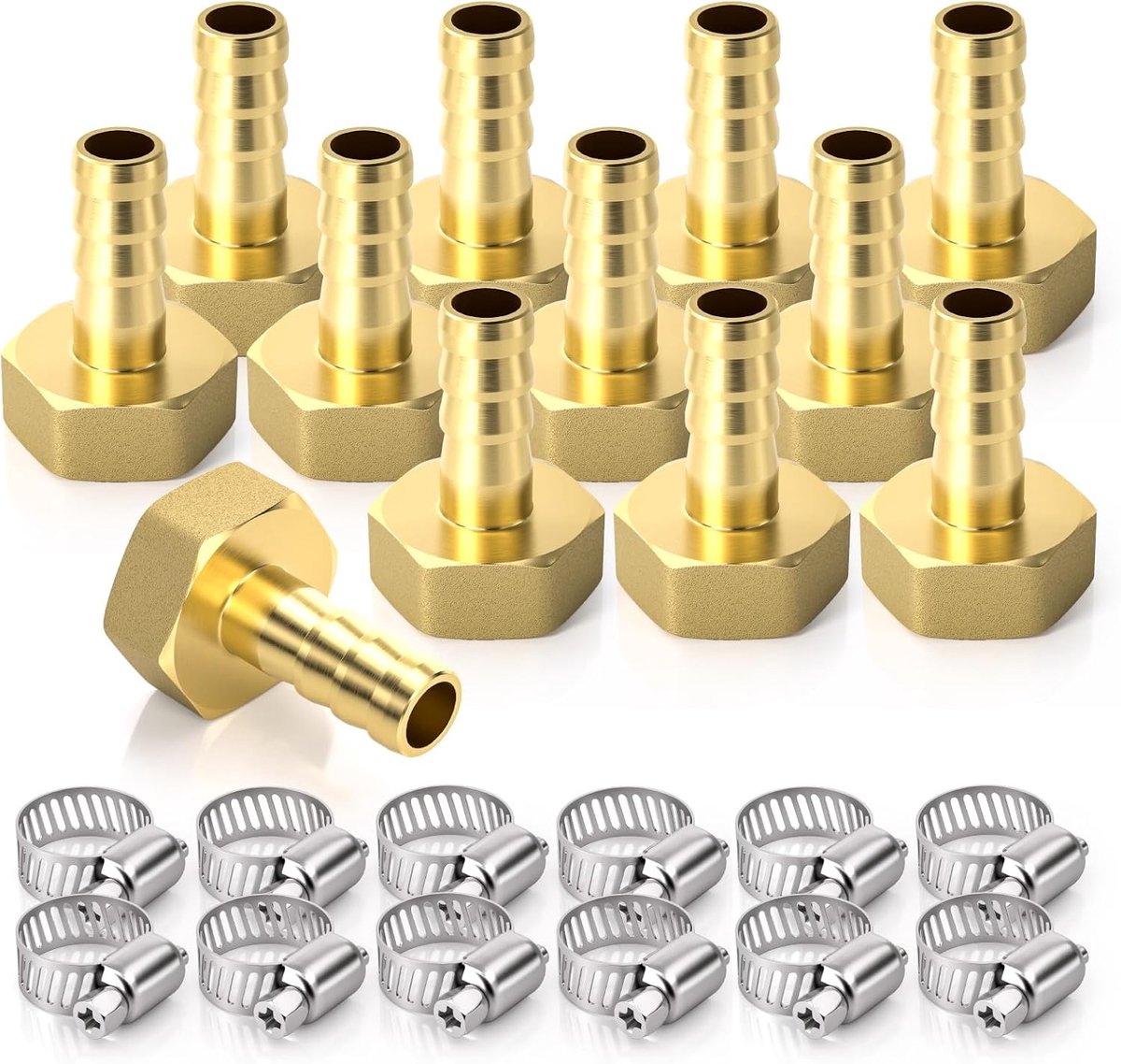 12 delige slangpilaarfittingen, 1/2" BSP vrouwelijk x 10 MM weerhaakconnector met 12 delige klemmen