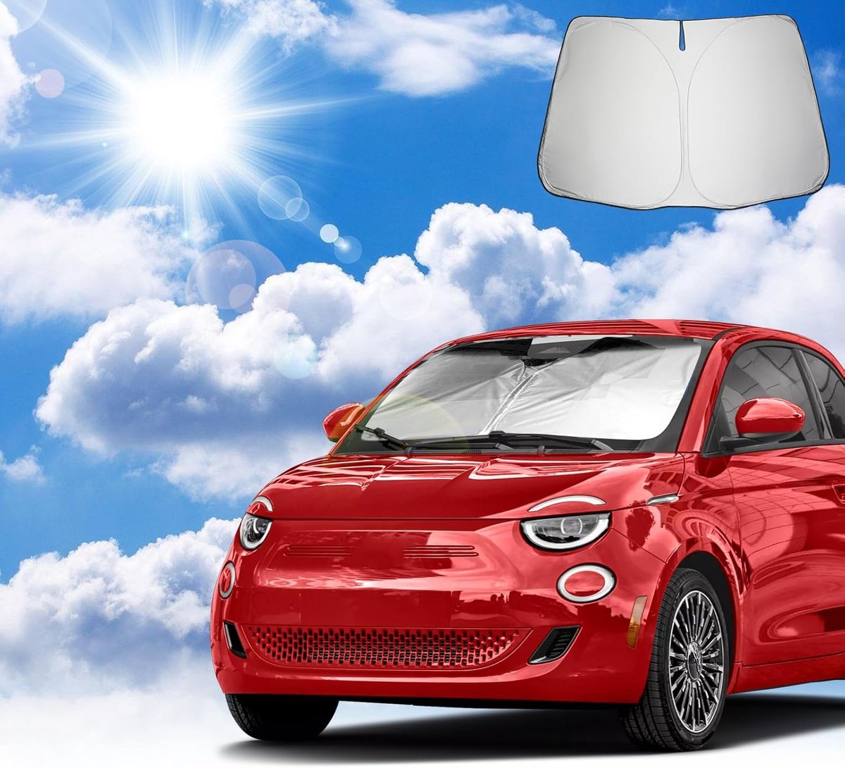 Zonwering voor voorruit, compatibel met Fiat 500 Abarth 595 2017-2025, Fiat 500, accessoires, zonneklep voor de voorruit, zonwering, opvouwbaar, uv-bescherming