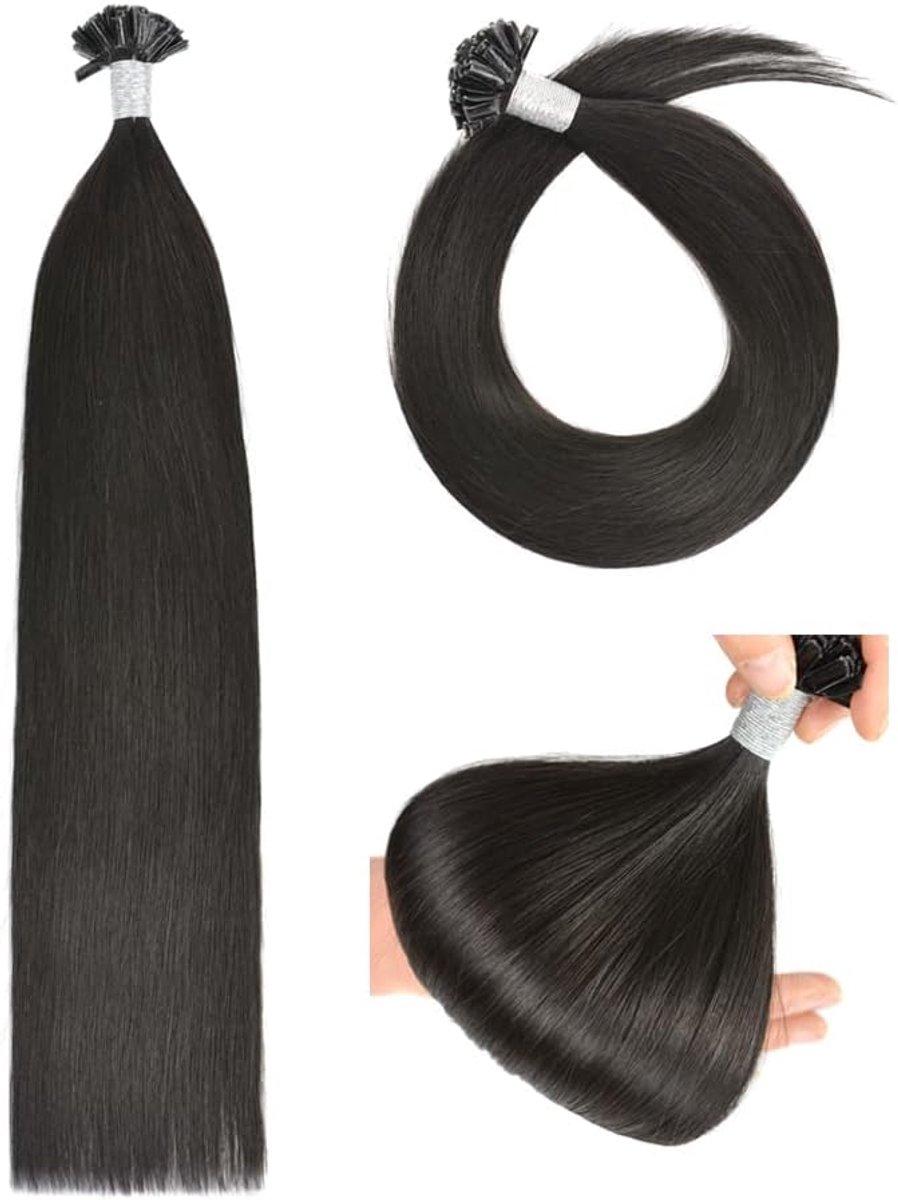 Extensions van echt haar, bondings, U-tip, haarextensies, echt haar, keratine bondings, echt haar, 55 cm, Remy echt haar, bondings, 50 g, #1B natuurlijk zwart