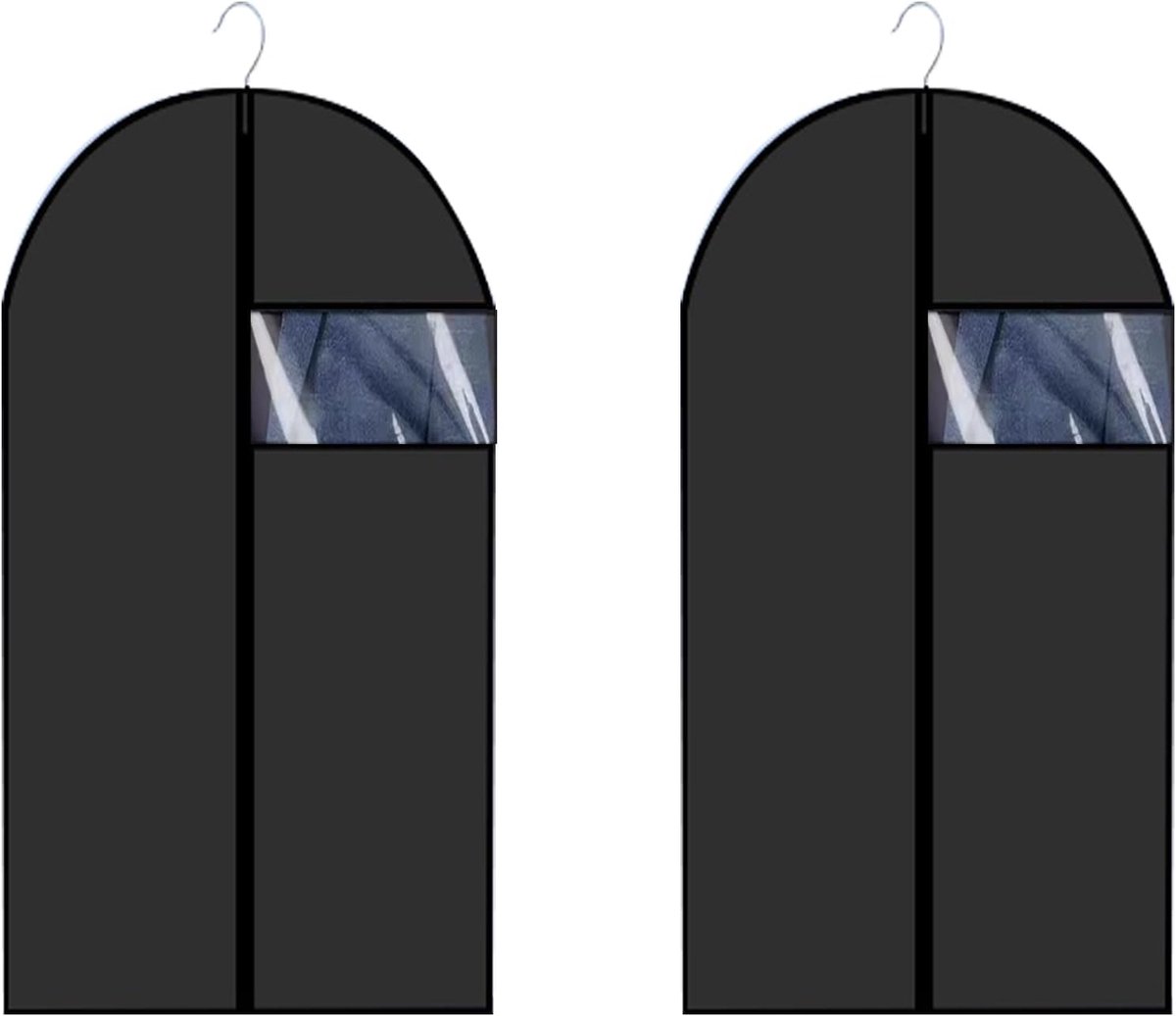 2 stuks zwarte pakhoes, 60 x 100 cm stofdichte kledingzakken met doorzichtig venster en rits, waterdichte opvouwbare kledinghoezen voor pak, shirt, jas, jas, huisgarderobe opslag