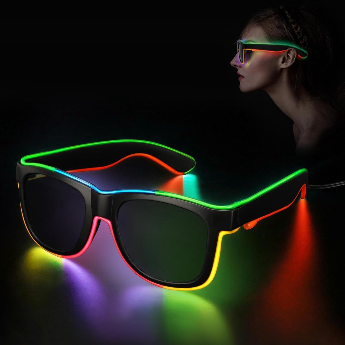 glow in the dark, lichtgevende bril, neonbril met EL-draad, 4 modi knipperende bril, rave-bril, festivalbril, led-feestbril voor volwassenen en kinderen, rave-party, EDM-concerten, bar, club