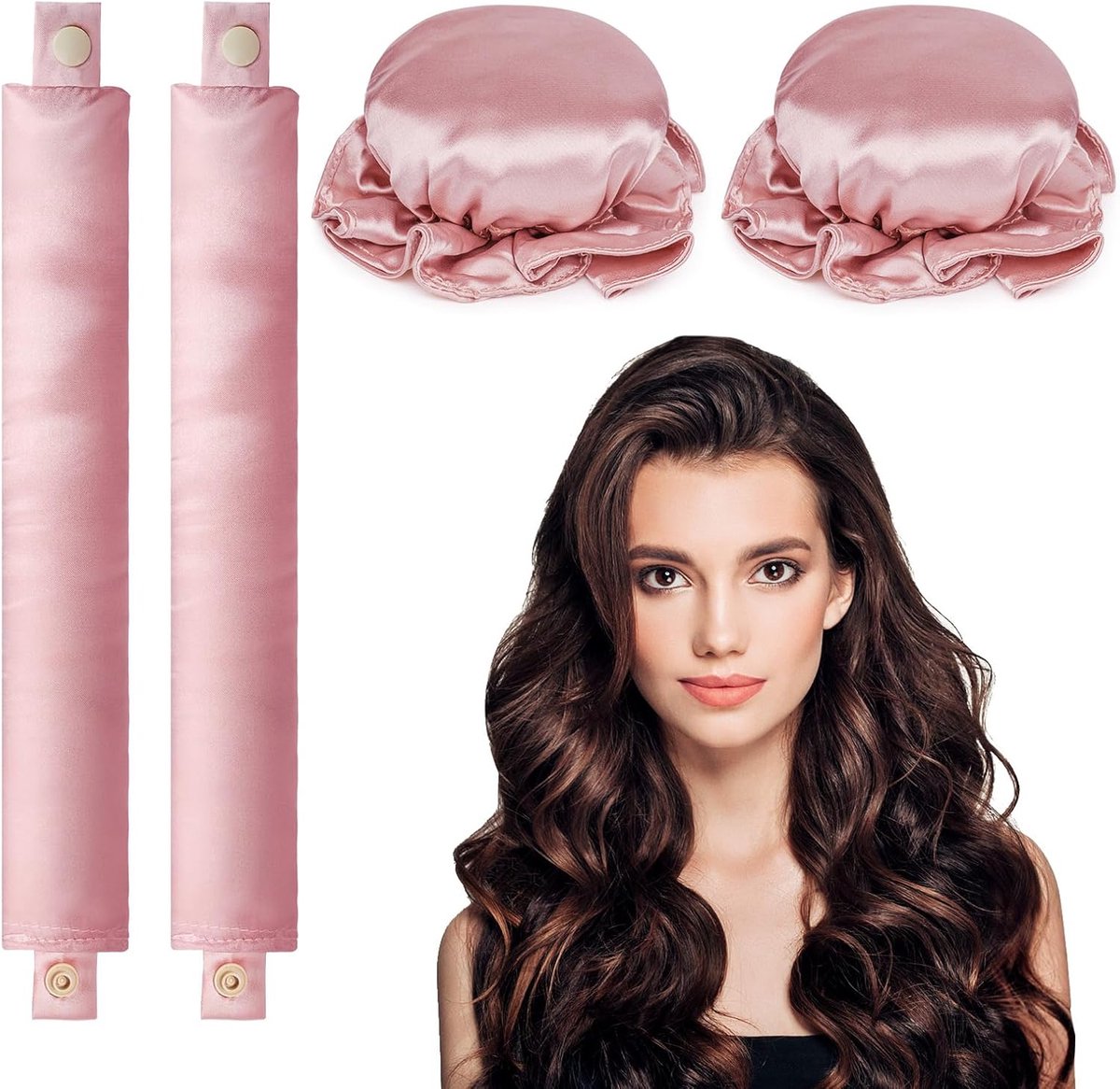 Hitteloze Haarkruller, 2-Delige Satijnen Hitteloze Krullenset, Geen Warmte Haarkrullerstaaf met Zachte Satijnen Haarkrulkappen, Luie Krulspelden Diy Haarstylinghulpmiddelen Voor Dames Meisjes