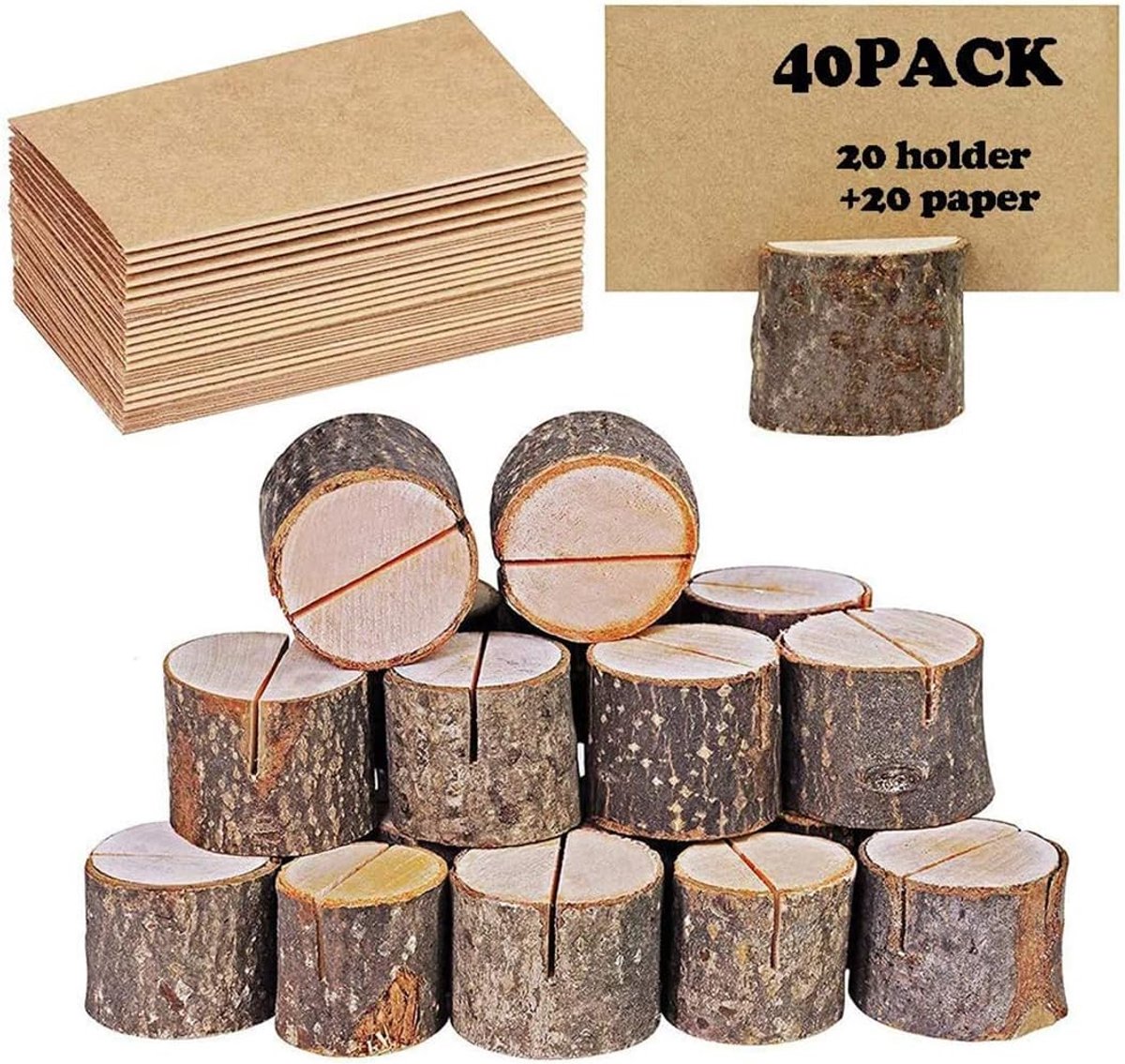 rustiek echt hout met houten schors tafelkaarthouder nummer fotostandaard plaatsnaam memo kaarthouder voor bruiloft feest (20 houders + 20 kraftpapier)