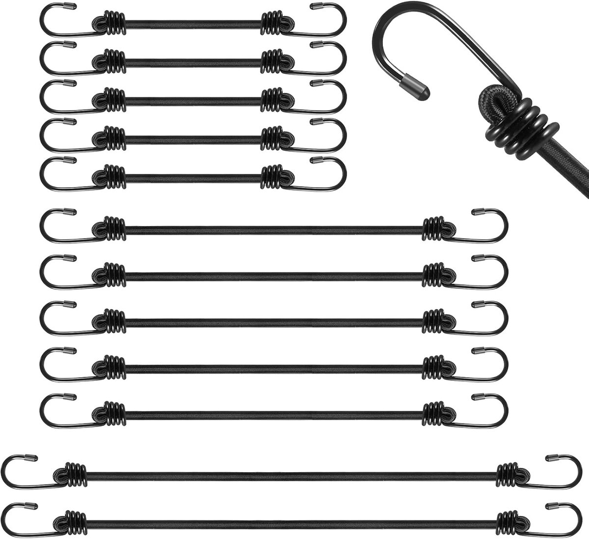 moinkerin Elastische spanbanden met haken, 12 stuks, 30/60/100 cm, elastisch, duurzaam, voor het beveiligen van bagage, bagagedragers, camping, motorfietsen, dekzeilen