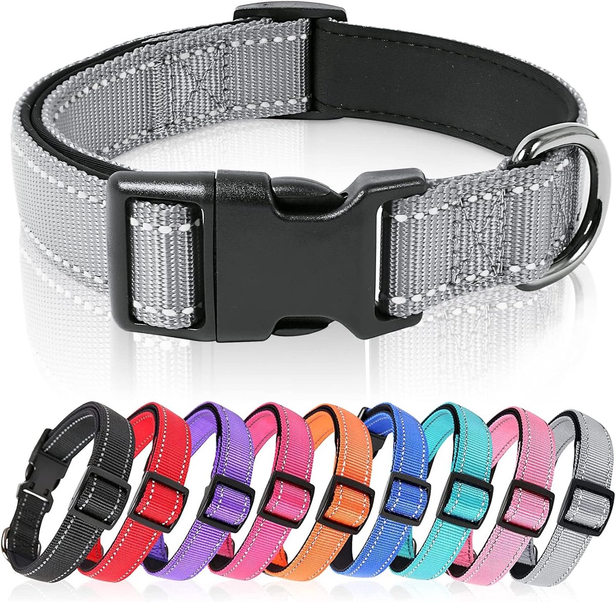 Hondenhalsband, Reflecterende Halsband, Gevoerde, Ademende, Zachte Neopreen Nylon Halsband, Verstelbaar voor Kleine Middelgrote Grote Honden, Grijs, S