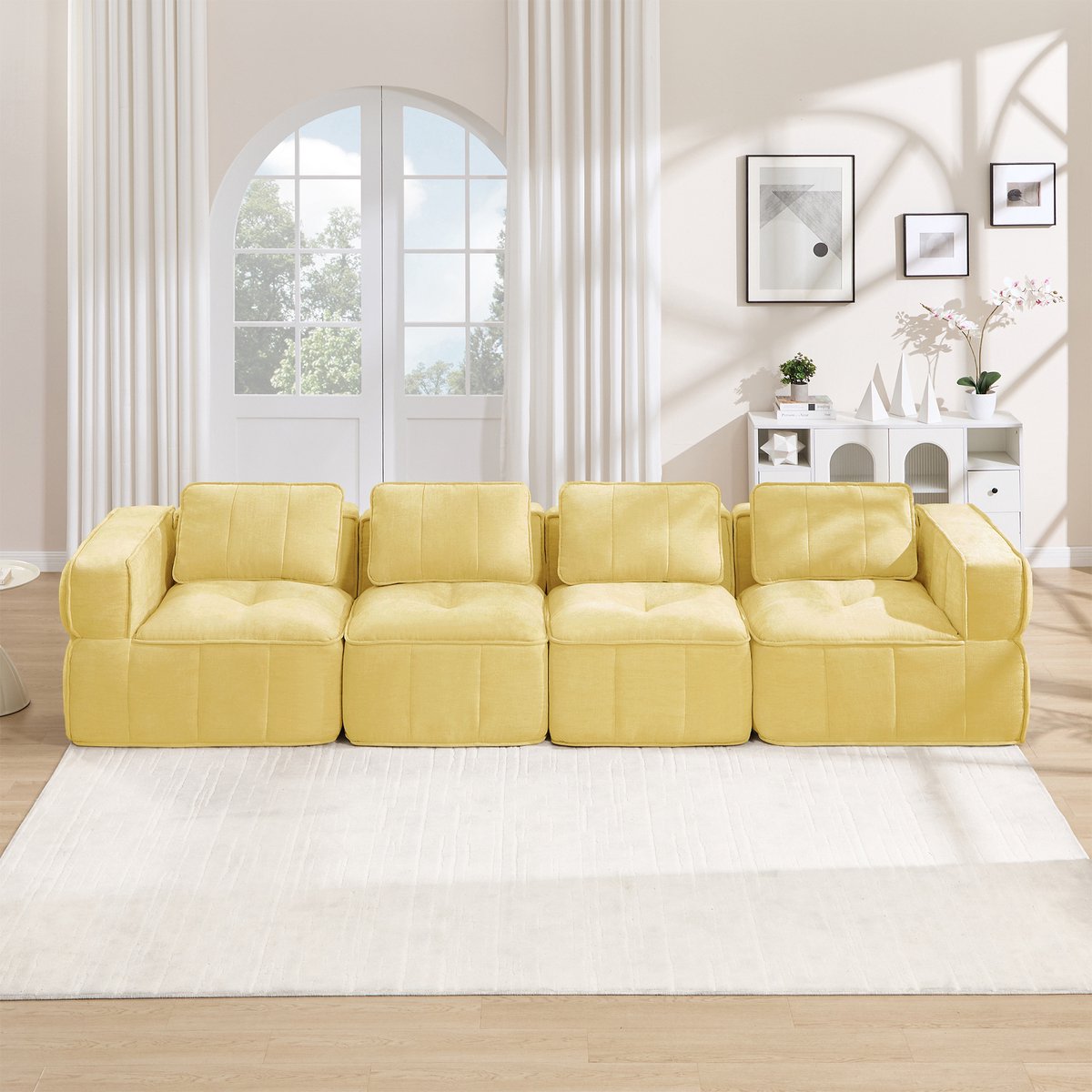 Pugsdrly Extra grote 4-zits Cloud-bank zonder frame, modulair, 32D-schuim met hoge dichtheid, huidvriendelijke, zachte stof, antislip, voor de woonkamer, geen montage nodig, geel.