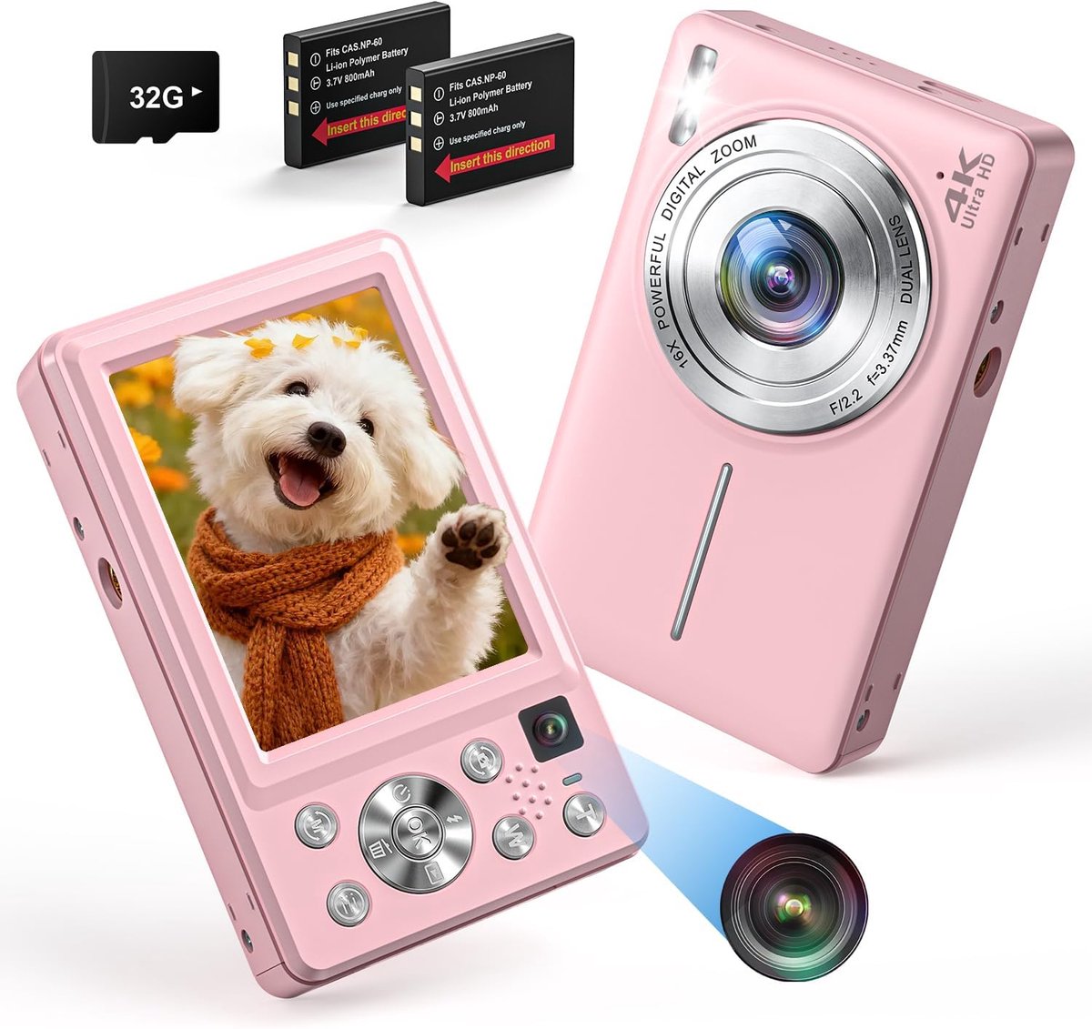 4K digitale camera, 64 MP, autofocus, dubbele camera, met 32 GB kaart, 16x digitale zoom, compacte digitale camera met 2 accu's, voor tieners en beginners