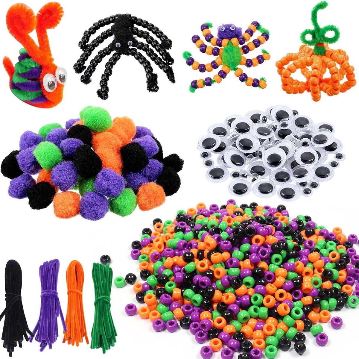 knutselset voor kinderen, 1000 stuks, knutselset, spinkralen, Halloween-decoratie, knutselset voor kinderen met kleurrijke kralen, bonte bollen, zwart-witte ogen en pijpenreiniger, cadeautje